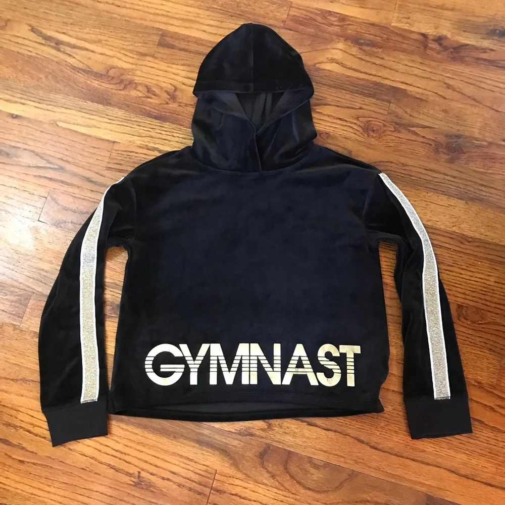 Girls Justice Active Gymnast Hooded Hoodie Blouse Top Black w/ Gold Graphics 10
